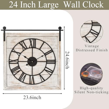 24 Inch Large Rustic Wall Clock, Farmhouse Square Wood Frame with Black Metal Barn Door Style Hanging Rod, Silent Non-Ticking Quartz Movement, for Living Room, Fireplace, or Dining Room - color: Beige