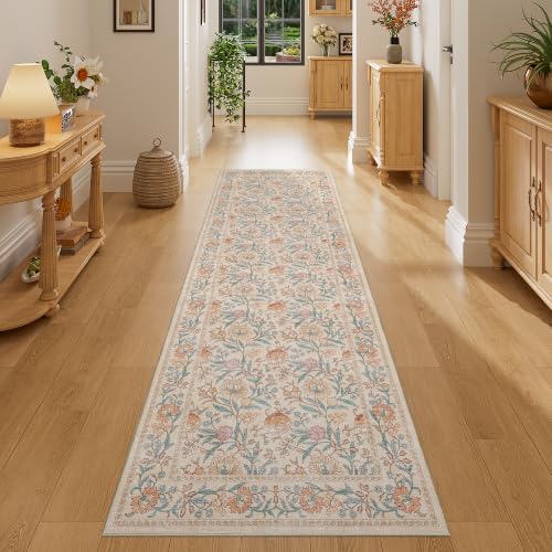 DUKINO 2x6 Runner Rug, Washable Vintage Floral Kitchen Rug, Beige | Non Slip, Low Pile, Non-Shedding, Stain Resistant Soft Carpet Runner for Hallway Bathroom Entryway Bedroom Laundry Farmhouse - color: Beige Peach, size: 2' x 6' (Rectangular)