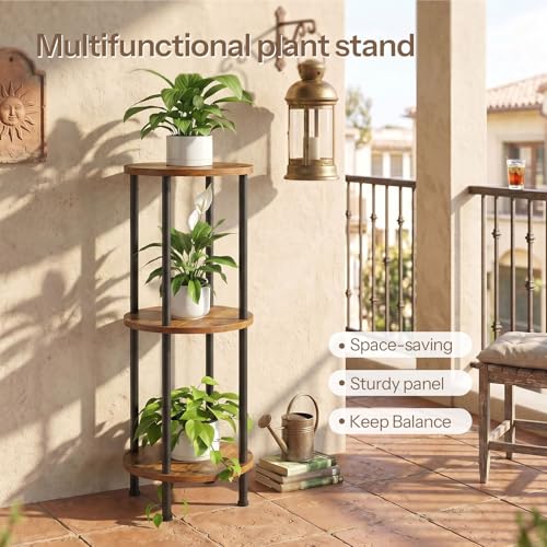 HOOBRO Plant Stand Indoor, 3 Tier 35.2" Tall Small Plant Shelf, Round Potted Holder Rack, Modern Flower Stand for Living Room Balcony Garden, Rustic Brown and Black BF13HJ01