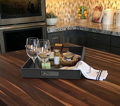HofferRuffer Rectangle Serving Tray with Hole Handles for Coffee Table, Breakfast, Tea, Food, Butler - Countertop, Kitchen, Vanity Serve Tray, 16.2 x 12.2 x 2 inches, Faux Leather Tray (Black) - color: Black