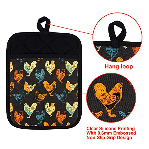 Pot Holders Set of 2,Non Slip Clear Silicone Printed Potholdes | Resistant 480 ℉,Comfortable Cotton Lining Kitchen Women Men Cooking Baking Microwave (Rooster, Black Potholders) - color: Rooster, Black Potholders