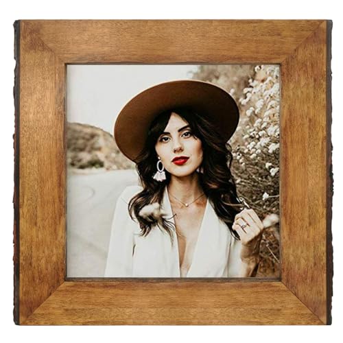 IKEREE 5x5 Picture Frames with Natural Bark Edges, Rustic Brown Wood Photo Frame for Tabletop or Wall Mounting Display - size: 5x5 inch