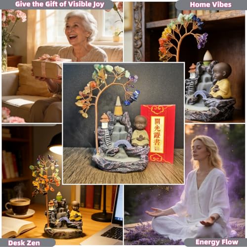 Monk-Blessed Laughing Buddha Backflow Incense Burner, 63-Gemstone Chakra Tree, Temple-Certified Feng Shui Altar Decor for Meditation & Reiki, Mother's Day, Birthday Gift(7.4 Inch)