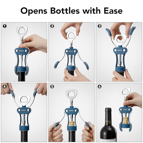 Beneno Wine Opener, Premium Wing Corkscrew Wine Bottle Opener, Blue | Durable Solid Zinc Alloy Body, Precise Sharp-Edged Screw, Ergonomic Non-Slip Grip Wing Handle, Multifunctional Bottle Openers - color: Blue