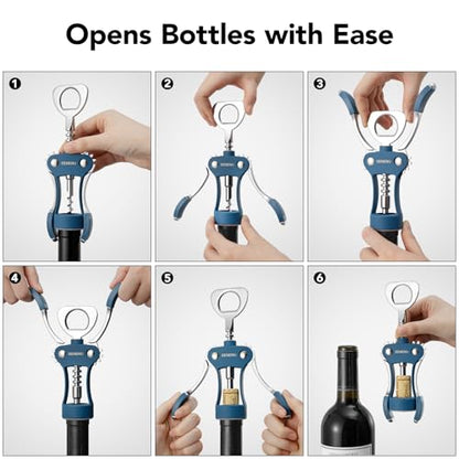 Beneno Wine Opener, Premium Wing Corkscrew Wine Bottle Opener, Blue | Durable Solid Zinc Alloy Body, Precise Sharp-Edged Screw, Ergonomic Non-Slip Grip Wing Handle, Multifunctional Bottle Openers - color: Blue