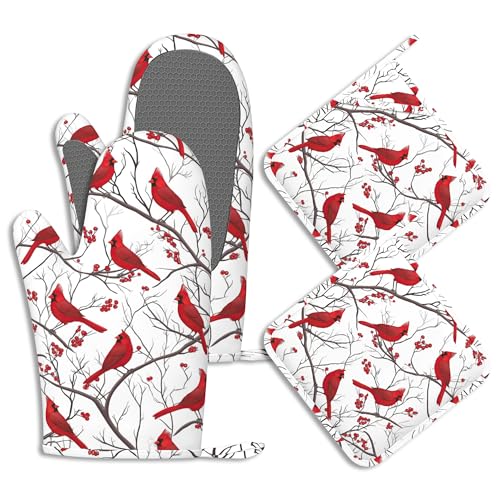 Cardinal Birds Pot Holders and Oven Mitts Set Silicone Bird Red Berry Kitchen Gloves Potholders Heat Resistant Washable,Chef Cooking Baking Gifts for Women Men Bakers Lover Cooks - color: Cardinal Birds,bird Red Berry