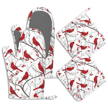 Cardinal Birds Pot Holders and Oven Mitts Set Silicone Bird Red Berry Kitchen Gloves Potholders Heat Resistant Washable,Chef Cooking Baking Gifts for Women Men Bakers Lover Cooks - color: Cardinal Birds,bird Red Berry