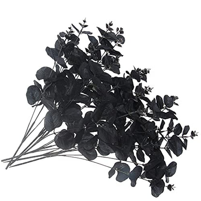 Tinsow 5 Pcs Black Artificial Eucalyptus Stems Faux Eucalyptuses Branches Black Leaf Halloween Centerpiece Halloween Home Decor (Black, 5) - color: Black