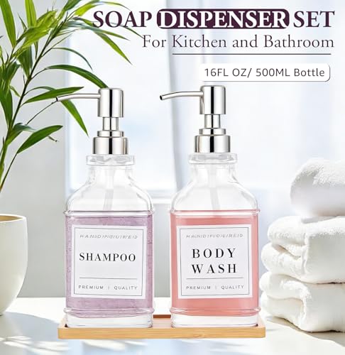Dish and Hand Soap Dispenser,Set of 2 * 16.9oz | Glass Soap Dispenser with Silver Pump,Tray,Funnel,500ML Countertop Soap and Lotion Dispenser for Kitchen, Bathroom Set - color: Ks-5070-28y-2s