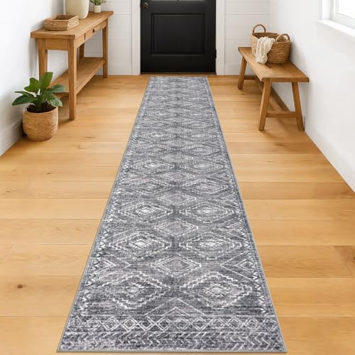 KILOCOCO Hallway Runner 2x12 ft Washable Runner Rug Non Slip, Grey | Low-Pile Runners for Hallway, Rubber Backed Runner Rug, Printed Kitchen Runner Rug, Soft Geometric Rugs for Hall Living Room - color: Grey, size: 2' x 12' (Runner)