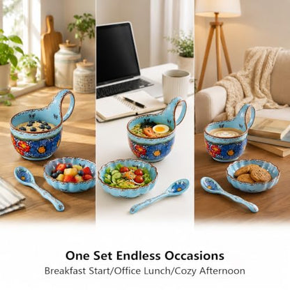 3 Piece Hand Painted Loop Handle Soup Bowl, Plate and Spoon Set,13.37oz Ceramic Cereal Cup for Coffee,Floral Bowl Set for Soup Snack Ice Cream Stew Microwave Dishwasher Safe (Blue) - color: Ocean Blue
