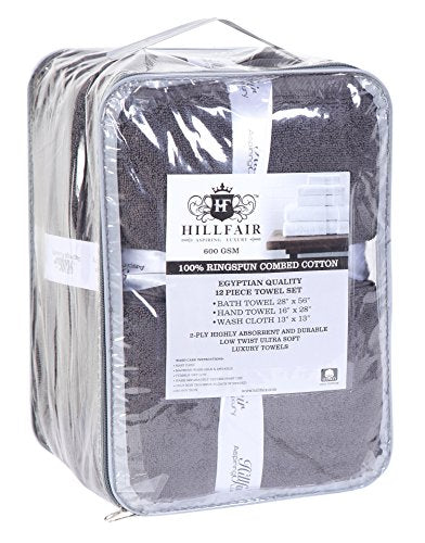 Hillfair 12 piece 600 GSM Cotton Bath Towels - Hotel Spa Quality - 2 Bath, 4 Hand, 6 Washcloths - Absorbent Super Soft Grey Cotton Set - color: Platinum, size: 12 Piece Towel Set