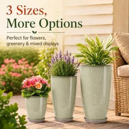 Neoaider Set of 3 Tall Planter, 24/21/12in Large Plastic Planter, DripGlaze | Ceramic-Look, Lightweight, Built-in Drain Hole, Saucers, Tall Outdoor Planter for Porch, Garden, Patio, Balcony - color: Drip Glaze