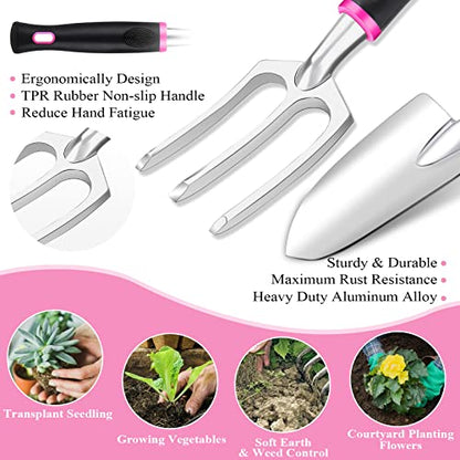 Pink Garden Tool Set Gardening Items for Women - 24PCS Heavy Duty Garden Tools with Detachable Storage Bag, Succulent Tool Set, Weeder - color: Pink