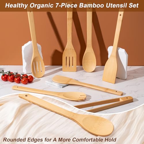 Eisinly Wooden Spoons for Cooking 7-Piece, Kitchen Nonstick Bamboo Cooking Utensils Set, Durability Wooden Spatula Spoon for Everyday Use, Smooth Edge - color: Yellow-Bamboo, style: Smooth-edge