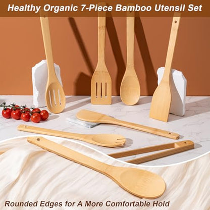 Eisinly Wooden Spoons for Cooking 7-Piece, Kitchen Nonstick Bamboo Cooking Utensils Set, Durability Wooden Spatula Spoon for Everyday Use, Smooth Edge - color: Yellow-Bamboo, style: Smooth-edge
