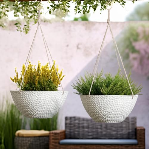 LA JOLIE MUSE Hanging Planters for Outdoor Plants, Large Hanging Planter with Drain Holes, Outdoor Hanging Flower Pots, White Stone, Honeycomb (13.2 Inch, Set of 2) | White Stone Finish, Hanging Baskets and Flower Pots for Outdoor Plants, Decorative Outdo