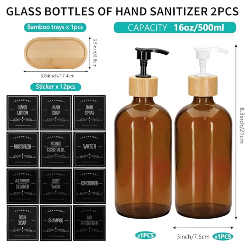 2 Pack 16 Oz Glass Soap Dispenser Set with Tray, Hand Dish Soap Dispenser Set for Bathroom and Kitchen Bottle Dispenser with Dish Soap, Hand Soap, Lotion (Amber) - color: Amber