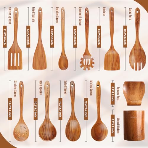 Mooues 12 Piece Wooden Spoons for Cooking, Wooden Utensils for Cooking with Utensils Holder, Natural Teak Wooden Kitchen Utensils Set with Wooden Spoon Rest, Comfort Grip - size: 12 PCS Set