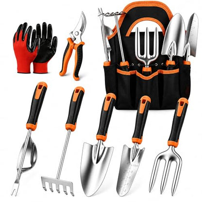 Joyfair Gardening Tools, 8 Pcs Stainless Steel Heavy Duty Garden Tool Set | 1.35MM Thickness, Rust-Proof & Easy Clean, Less Prone to Breakage, Ergonomic Contoured Grip, Suitable for Garden Weeding Work