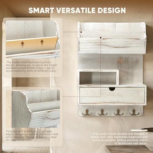 Rebee Vision Pine Wood Key Holder Wall Mount with Shelf & Drawer, Whitewash | Farmhouse Mail and Key Organizer, 4 Key Hooks, Stores Letters and Small Items, Adds Retro Charm, Apartment Entryways - color: Whitewash