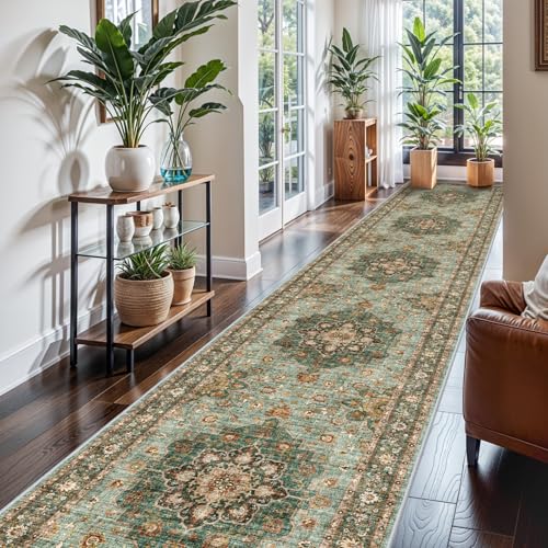 Washable Oriental Hallway Runner Rug: 3x16 Rugs for Living Room Non Slip | Soft Carpet for Bedroom Kitchen Waterproof Floral Distressed Indoor Stain Resistant Non-Shedding Floor Carpets (Green, 3X16) - color: Green, size: 3' x 16' (Rectangular)