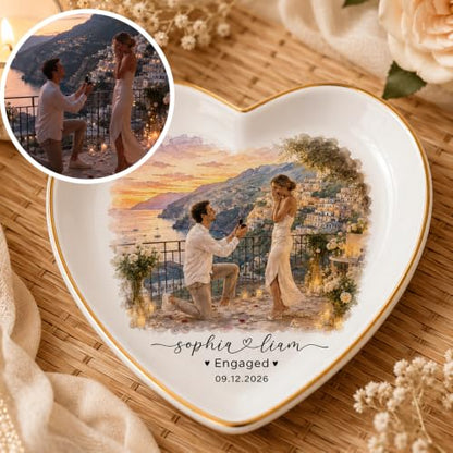 LullabyMall Luxury Custom Photo Watercolor Couple Portrait Ring Dish, Customized Engagement Ring Holder, Bride Jewelry Tray, Wedding Gifts for Bride 4 - color: Round