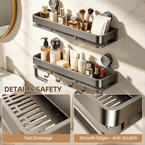 Suction Cup Shower Caddy,No Drilling, Rectangular, Grey,2-Pack | Shelf for Inside Shower, Heavy Duty Carbon Steel, Towel Bar & Hooks, Rust-Resistant, Bathroom Organizer Storage Rack - color: Grey,2-Pack