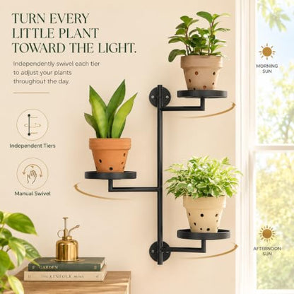 Window Plant Shelf, Wall Mounted Rotating Plant Holder Indoor | 3-Tier Metal Window Plant Shelves, Swivel Wall Plant Holder for Flowers, Herbs, Succulents and Houseplants