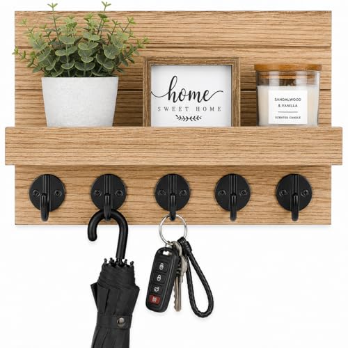 Key Holder for Wall, Decorative Key and Mail Holder, Key Holder Wall Mount with Shelf and Large Hooks, Easy Installation Key Rack for Entryway and Home Decor - color: Rustic Brown