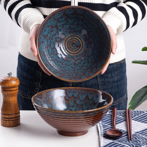 Ceramic Japanese Ramen Bowl Set, 2 Sets Asian Pho Udon Soup Noodle Bowls with Spoons and Chopsticks (Peacock Green, 8 inches) - color: Peacock Green