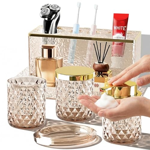 Glass Bathroom Accessories Set 5Pcs Crystal Brown - Foaming Soap Dispenser, Soap Dish, Cup, Acrylic Toothbrush Holder with Tray Organizer, Cotton Swab Jar, Bathroom Counter Set Sink Decor - color: Brown