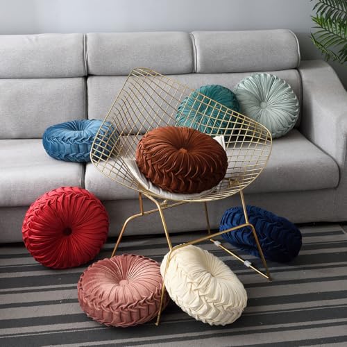 Round Throw Pillow Velvet 1 Pcs 14.17" Home Decoration Pleated 3D Pumpkin Pillow Cushion for Couch Chair Bed Car (Red)
