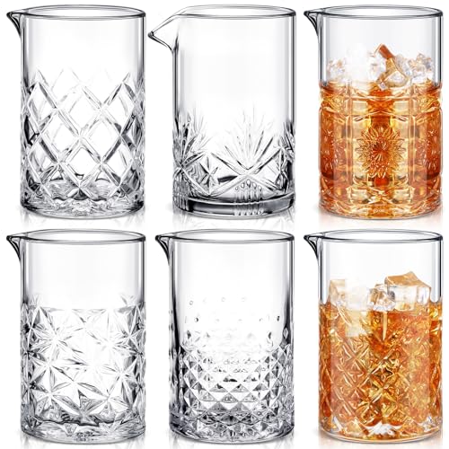 Inbagi 6 Pcs Cocktail Mixing Glass 24 oz Bartender Crystal Stirring Glass Thick Bottom Bar Seamless Mixing Pitcher for Stirring Drinks Home Bar Accessories, 6 Styles