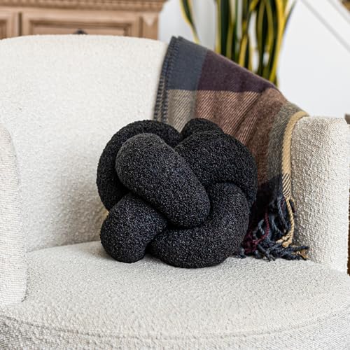 SAMIAH LUXE Charcoal Black Teddy Boucle Knot Pillow Ball 12", Permanently Stitched Knotted Decorative Throw Pillow, Natural Kapok Fill, Round Accent Pillow for Couch Sofa Bed, Boho Home Decor - color: Charcoal