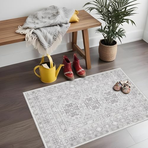 2x3 Area Rug Washable Vintage: Non Slip Throw Rugs for Entryway Floor Grey | Oriental Indoor Door Mat for Kitchen Soft Low Pile Thin Small Carpet for Hallway Bedroom Dining Room Home Office Decor - color: Grey, size: 2' x 3' (Rectangular)
