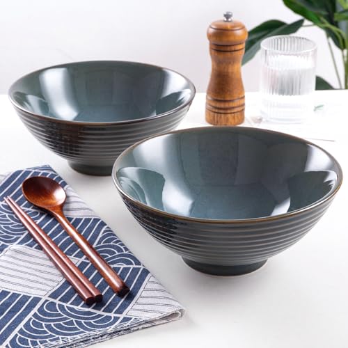 Ceramic Japanese Ramen Bowl Set, 2 Sets Asian Pho Udon Soup Noodle Bowls with Spoons and Chopsticks (Olive Green, 8 inches) - color: Olive Green