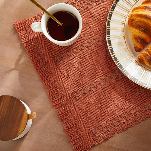 Macrame Style Boho Placemats Set of 6, Rust 12x20 Inch | Decorative Farmhouse Table Mats, Natural Cotton Woven Place Mats, Bohemian Home Decor for Kitchen Dining Table - color: Rust, size: Set of 6