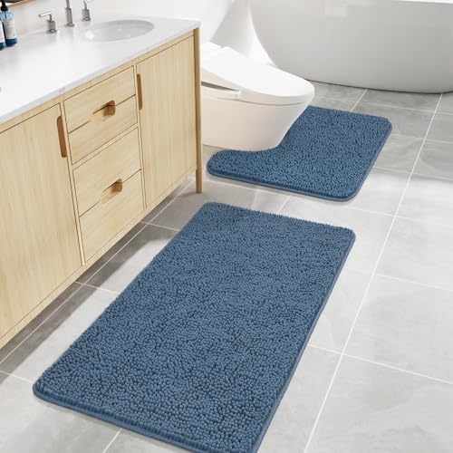 LOCHAS Bathroom Rugs Sets 2 Piece, 20''x20'' & 34''x21'', Denim Blue | Non Slip U-Shaped Toilet Rug, Chenille Washable Absorbent, Soft Bath Mat Set for Shower, Sink - color: Denim Blue