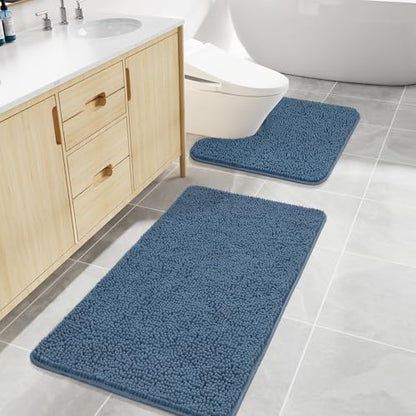 LOCHAS Bathroom Rugs Sets 2 Piece, 20''x20'' & 34''x21'', Denim Blue | Non Slip U-Shaped Toilet Rug, Chenille Washable Absorbent, Soft Bath Mat Set for Shower, Sink - color: Denim Blue