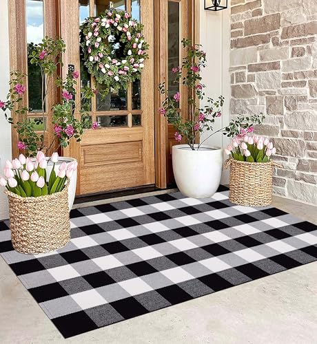 BUAGETUP Black White Outdoor Rug 3'x5' Washable Farmhouse Front Porch Mat | Cotton Woven Door Mats Outdoor Indoor/Outdoor Area Rug for Front Entryway Decor - color: Black Buffalo, size: 35.4'' x 59''