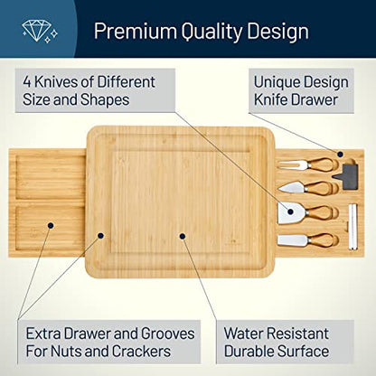 Bamboo Cheese Board and Knife Set with 2 Slide-Out Cutlery Drawers | Charcuterie Boards Set - Birthday Gifts for Women, Wedding Gifts for Couples , Bridal Shower Gifts - style: Large Cheese Board Set