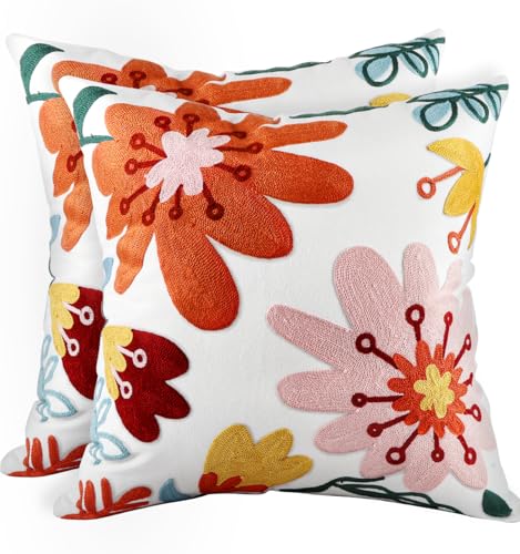 Embroidered Throw Pillow Covers 18x18 Inch - Set of 2 Summer Decorative Pillow Covers with Zipper Aesthetic Cute Design Throw Pillowcases for Couch Sofa Bed, Colorful Flowers - color: Colorful Flowers