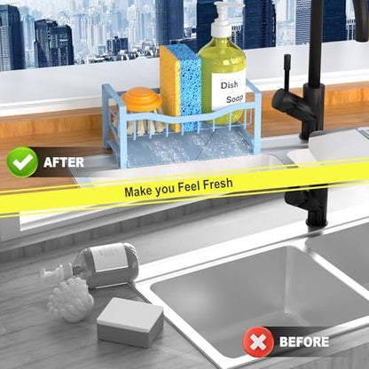 Stainless Steel Kitchen Sink Caddy Organizer with Auto Drain Tray, Sponge Holder for Countertop Storage - color: Light Blue