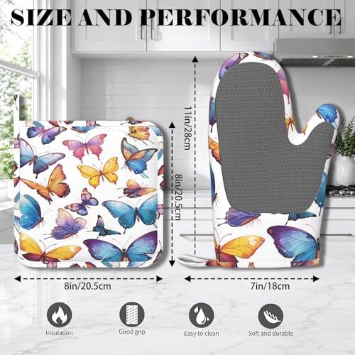 Colorful Butterflies Heat-Resistant Oven Mitts and Pot Holder Kitchen Non-Slip Silicone Cooking Microwave Gloves for Cooking Baking Grilling BBQ - color: Colorful Butterflies