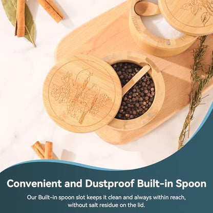 Salt Cellar, 2PCS Salt Container Bamboo Salt and Pepper Box for Countertop with Built-in Spoon & Swivel Lid, Spice Seasoning Storage Bowl, Elegant Salt Holder (Rose & Bird Engraving) - color: Bamboo Bird and Rose Set
