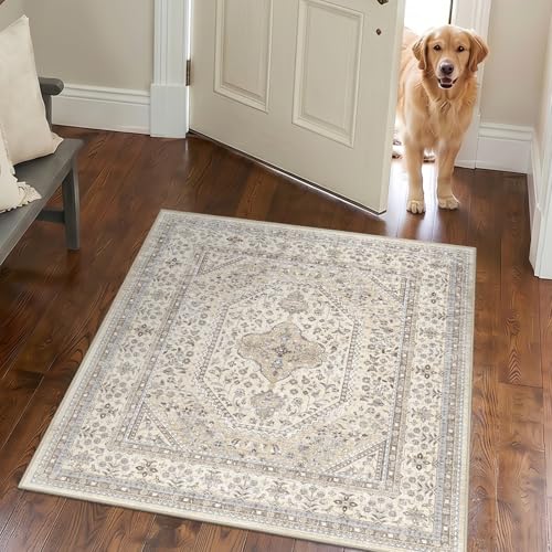 Puino 3x3 Square Washable Area Rug - Non-Slip Vintage Throw Rugs Beige Gray | Low Pile Thin Small Carpet for Entryway Soft Pet-Friendly Indoor Door Mat for Living Room Bedroom Bathroom Home Decor - color: Beige/Gray, size: 3' x 3' (Square)