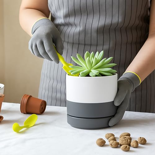 D'vine Dev 2-Pack Ceramic Pots with Saucers, White/Grey, 4/6 in, 94-G-S-6 | Glazed Ceramic, Drainage Hole, Perfect-Fit Saucer, Sleek Cylinder Shape, High Temperature Fired, Elegant Home Accent - color: White/Speckled Grey, size: Small