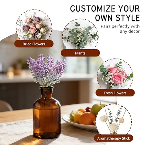 KEYWING 16oz Amber Glass Kitchen Soap Dispenser Set with Wood Tray | Hand and Dish Soap Dispenser Set with Stainless Steel Pumps, Waterproof Labels, Non-Slip Silicone Pads, for Kitchen, Bathroom