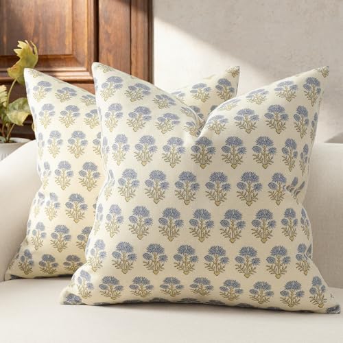 Farmhouse Floral Pillow Covers 20x20 Set of 2, Country Botanical Throw Pillow Cover for Sofa Couch Bed Living Room, Rustic Vintage Flower Cushion Covers Cottage Home Decor,Blue Mustard - color: Blue Mustard, size: 20" x 20" (Pack of 2)